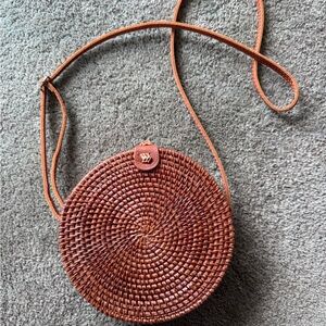 Round Woven Tan Crossbody Bag